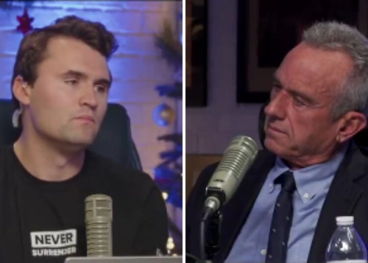 Charlie Kirk, left, interviews independent presidential candidate Robert F. Kennedy Jr. on Thursday.