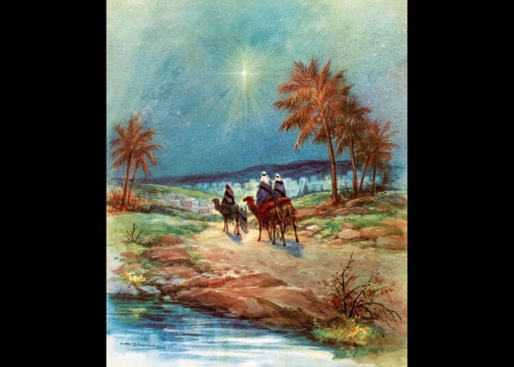 Vintage illustration of the Three Magi following the North Star towards Bethlehem; screen print, 1940s-1950s.