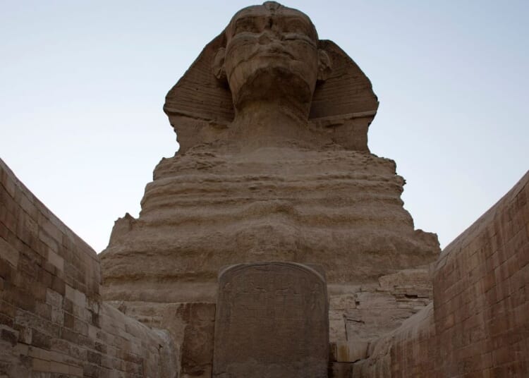 The Great Sphinx stands adjacent to the Great Pyramids of Giza following the completion of restoration work in preparation for the reopening of the courtyard around its base, in Giza, Egypt, on Nov. 9, 2014.