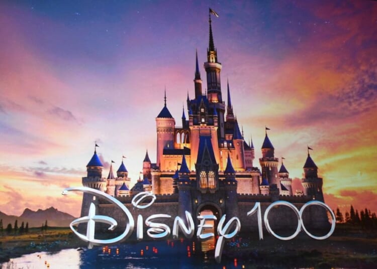 The Disney logo celebrating 100 years is displayed on stage during CinemaCon 2023 at Caesars Palace in Las Vegas, Nevada.